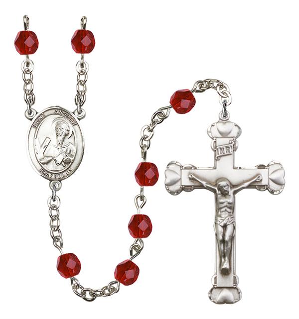 St. Andrew Rosary, 6mm Fire Polished Ruby Beads, Silver Plate, # 1872