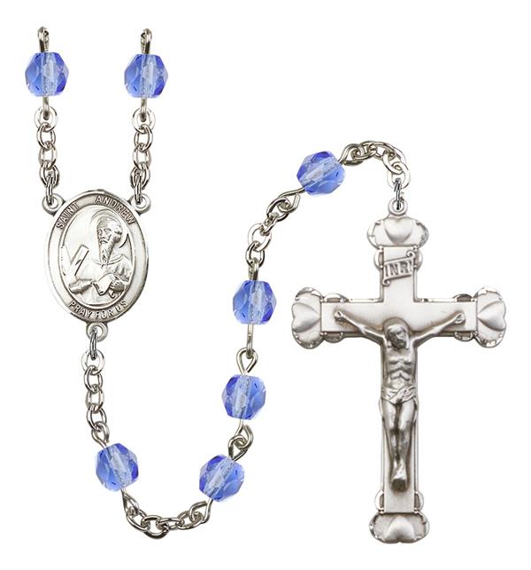 St. Andrew Rosary, 6mm Fire Polished Sapphire Beads, Silver Plate, # 1873