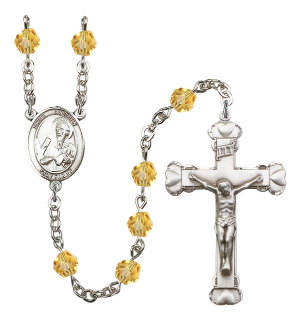 St. Andrew Rosary, 6mm Fire Polished Topaz Beads, Silver Plate, # 1874