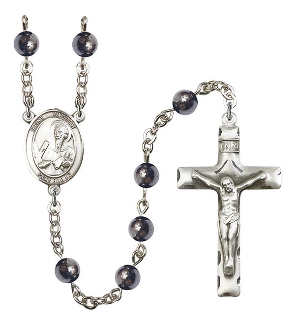St. Andrew Rosary, 6mm Hematite Beads, Silver Plate, # 1877