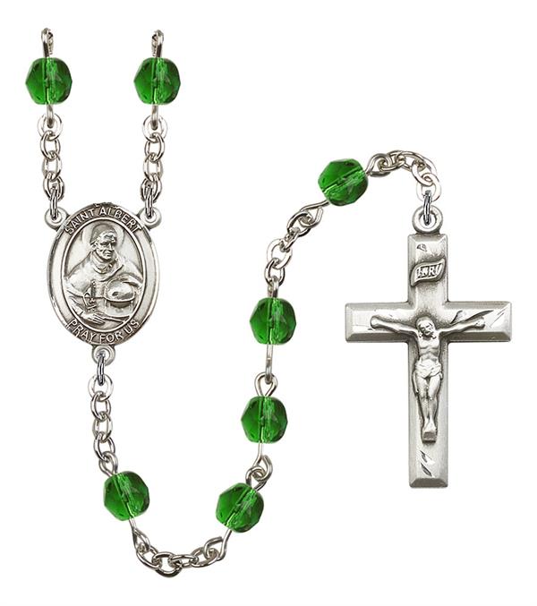 St. Albert the Great Rosary, 6mm Fire Polished Emerald Beads, Silver Plate, # 1887