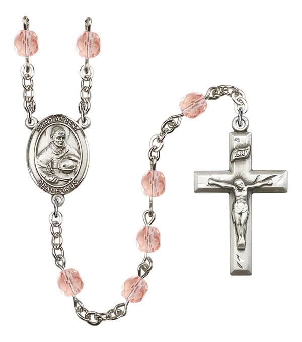 St. Albert the Great Rosary, 6mm Fire Polished Pink Beads, Silver Plate, # 1893