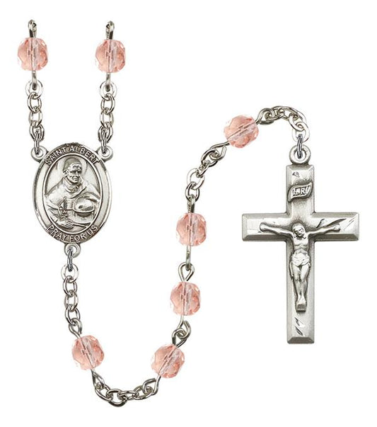St. Albert the Great Rosary, 6mm Fire Polished Pink Beads, Silver Plate, # 1893
