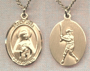 St Rita Baseball Medal 14kt Gold Filled, 1", Your Choice of Chain, # 18950