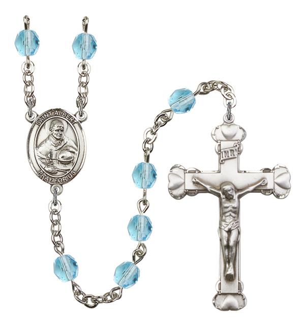 St. Albert the Great Rosary, 6mm Fire Polished Aqua Beads, Silver Plate, # 1899