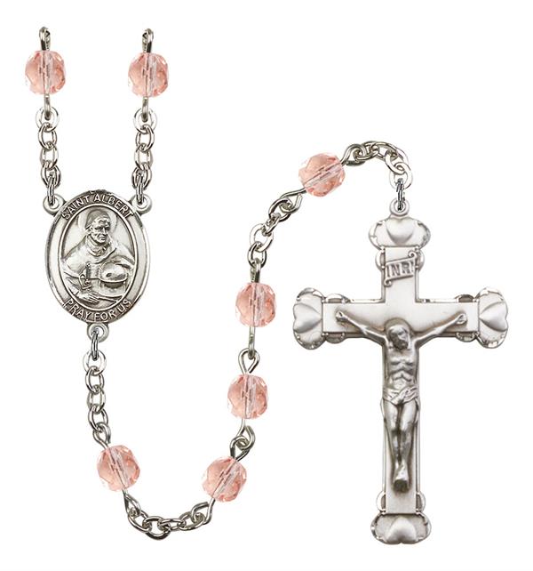 St. Albert the Great Rosary, 6mm Fire Polished Pink Beads, Silver Plate, # 190