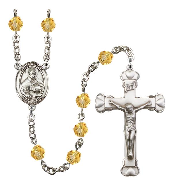 St. Albert the Great Rosary, 6mm Fire Polished Topaz Beads, Silver Plate, # 1908