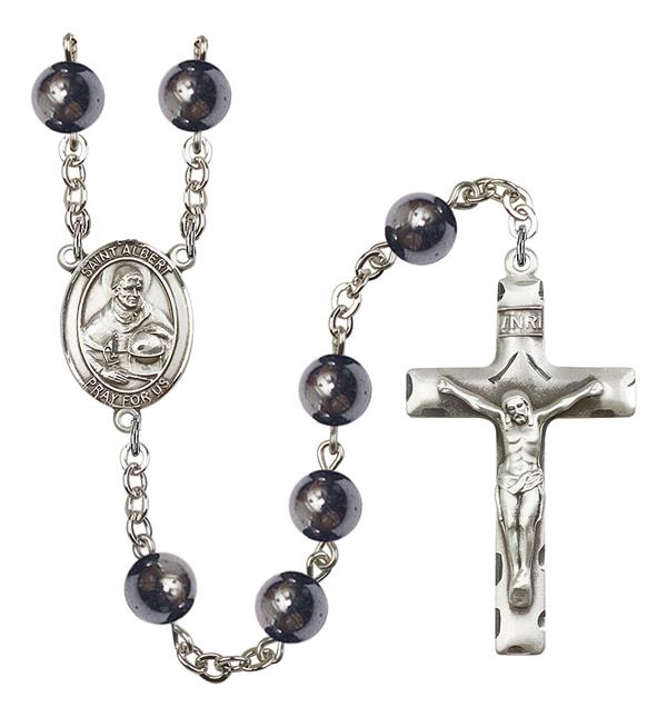 St. Albert the Great Rosary, 8mm Hematite Beads, Silver Plate, # 1911