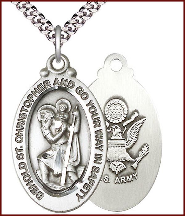 Pewter St. Christopher / Army Medal, 1-1/8"tall, Your Choice of Chain, # 1921
