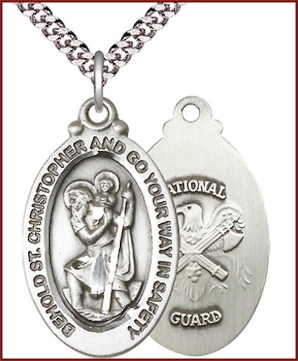 Pewter St. Christopher / National Guard Medal, 1-1/8"tall, Your Choice of Chain, # 1925