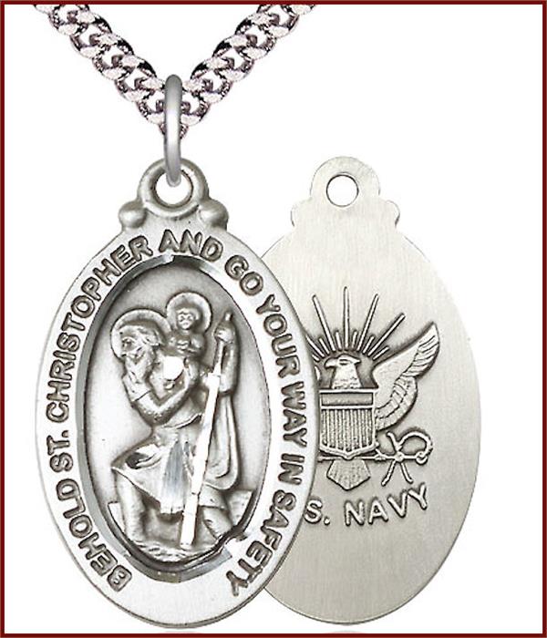 Pewter St. Christopher / Navy Medal, 1-1/8"tall, Your Choice of Chain, # 1927