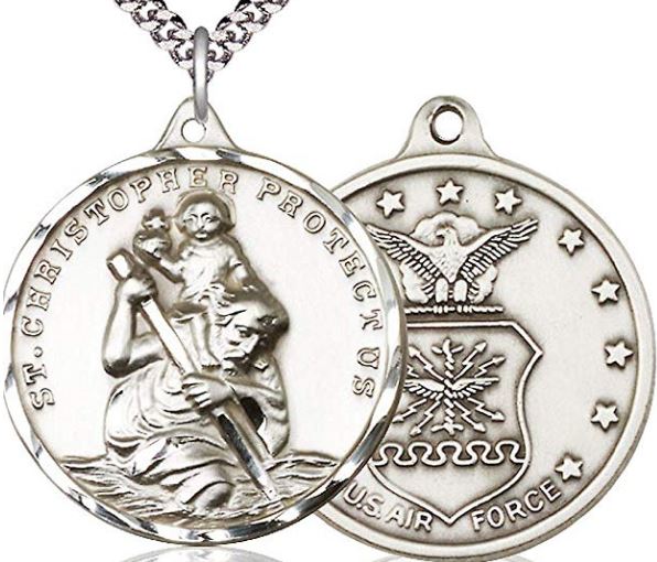 Pewter St. Christopher / Air Force Medal, 1-1/4" dia., Your Choice of Chain, # 1937