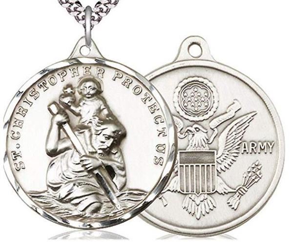 Pewter St. Christopher / Army Medal, 1-1/4" dia., Your Choice of Chain, # 1939