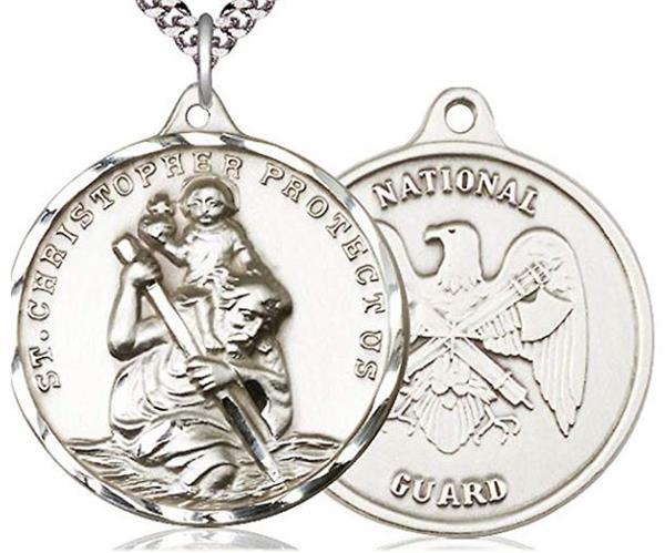 Pewter St. Christopher / National Guard Medal, 1-1/4" dia., Your Choice of Chain, # 1957