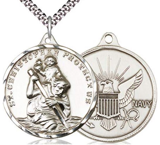 Pewter St. Christopher / Navy Medal, 1-1/4" dia., Your Choice of Chain, # 1959