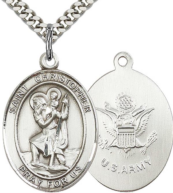 Pewter St. Christopher / Army Medal, 3/4" tall, Your Choice of Chain, # 1982