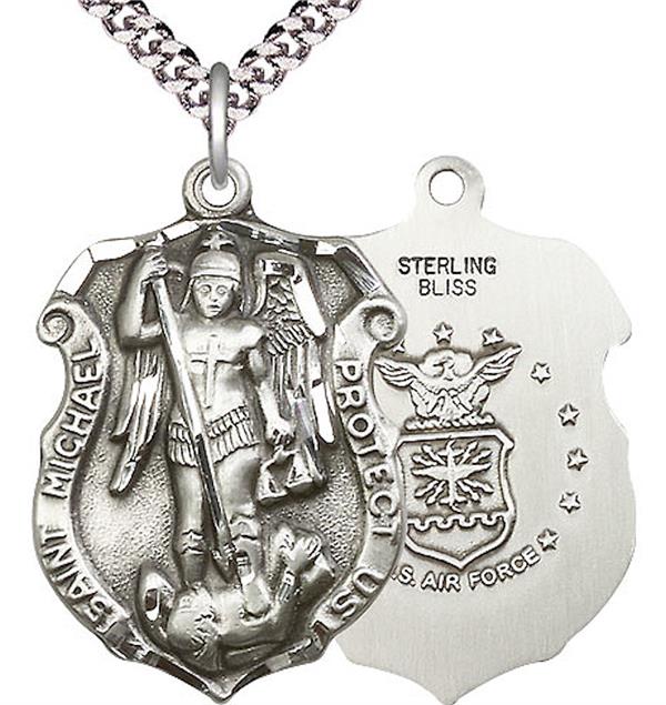 St. Michael Shield / Air Force Medal, Sterling Silver, 1-1/4" tall, Your Choice of Chain, # 1987