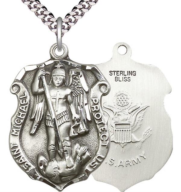 St. Michael Shield / Army Medal, Sterling Silver, 1-1/4" tall, Your Choice of Chain, # 1993