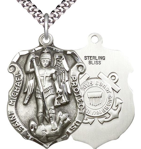 St. Michael Shield / Coast Guard Medal, Sterling Silver, 1-1/4" tall, Your Choice of Chain, # 1994