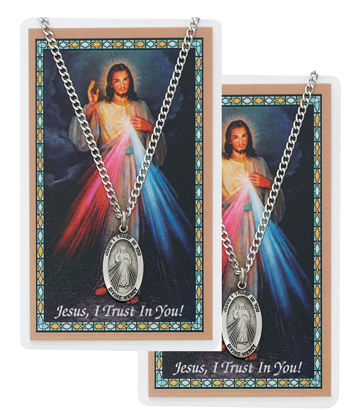 Divine Mercy Pewter Medal with Laminated Holy Card, 24" Chain, 2-Count Value Pack. # 21357