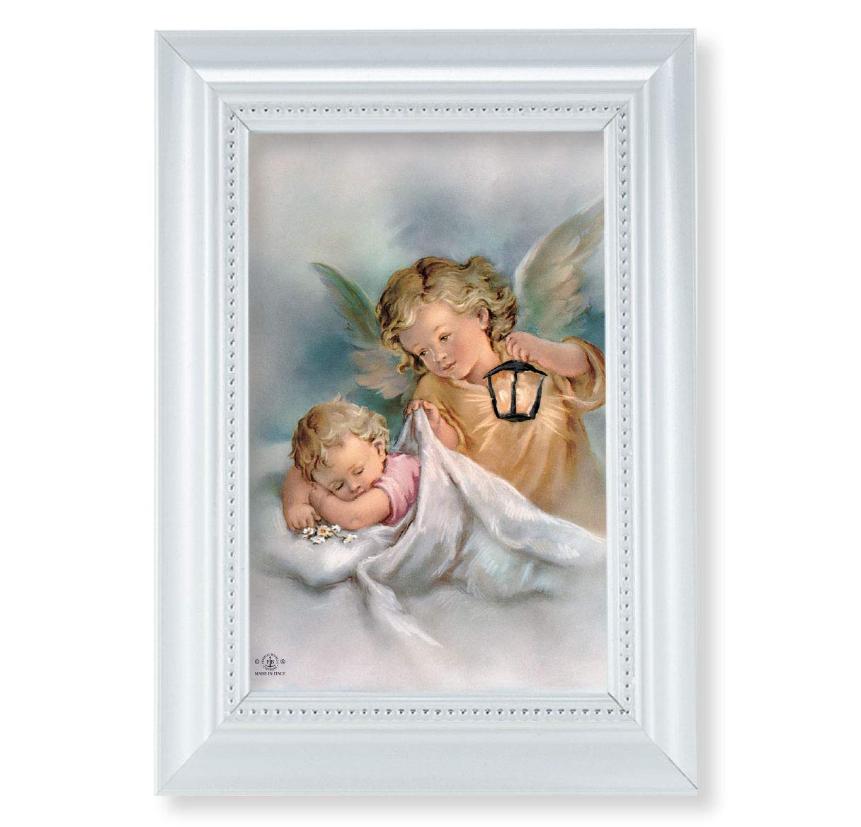 Guardian Angel with Lantern Picture, Pearlized White 5-1/2"x7 Frame, Beaded Lip, Under Glass # 28081
