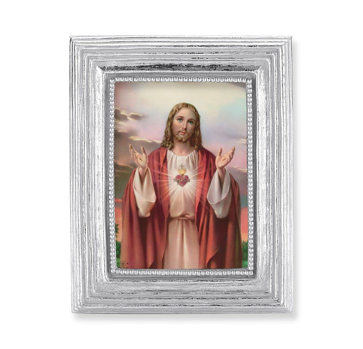 Sacred Heart Picture, Silver Finish 3-7/8"x4-3/4 Frame, Exclusive Gold Stamped Print Under Glass # 28359