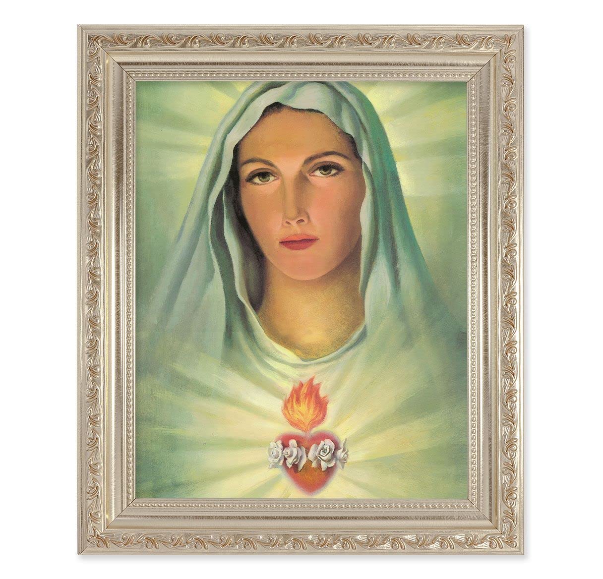 Immaculate Heart of Mary, 10"x12" Antique Silver & Carved Scrollwork Frame, Italian Print Under Glass # 26817