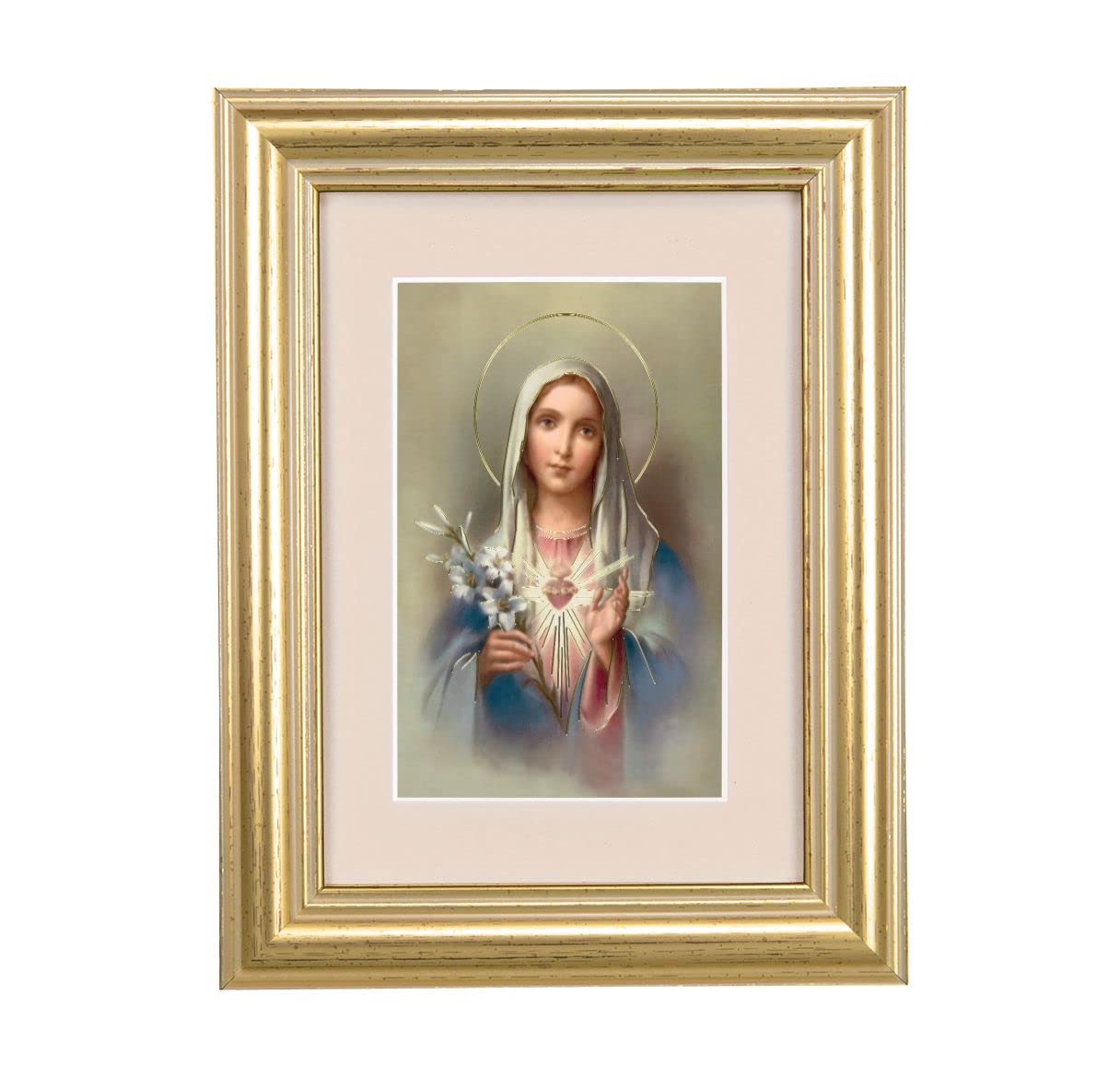 Immaculate Heart of Mary Picture, 5"x6.5" Antique Gold Fluted Frame, Behind Cream Velvet Matting # 28230