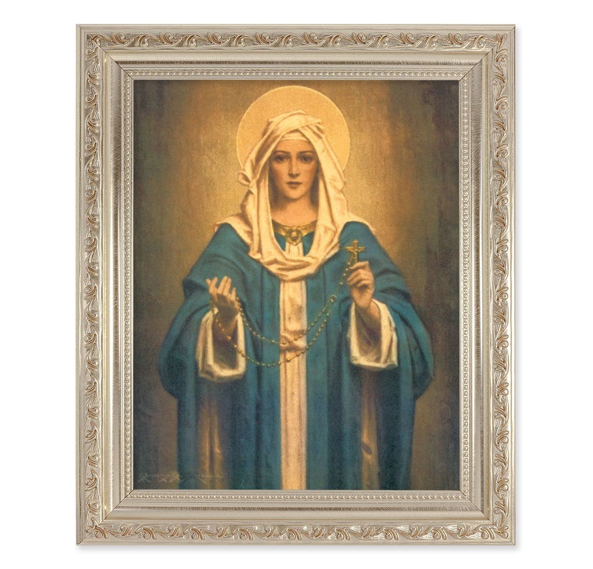 Our Lady of The Rosary Picture, 10"x12" Antique Silver & Carved Scrollwork Frame, Italian Print Under Glass # 26941