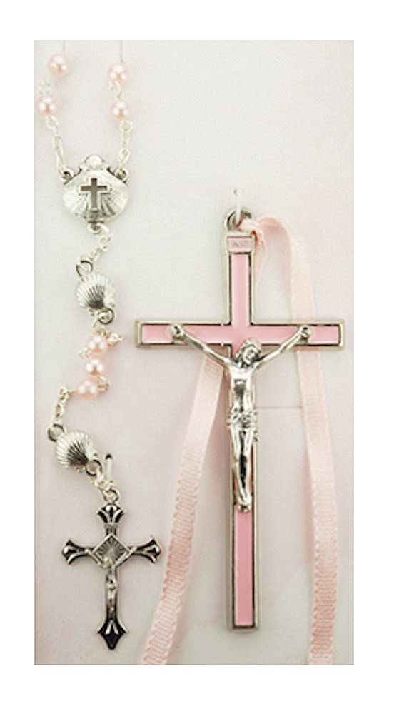 Girl's Crucifix & Rosary Set, Pink Enamel & Ribon, 3-3/4" Cross with 3mm Beads # 21570