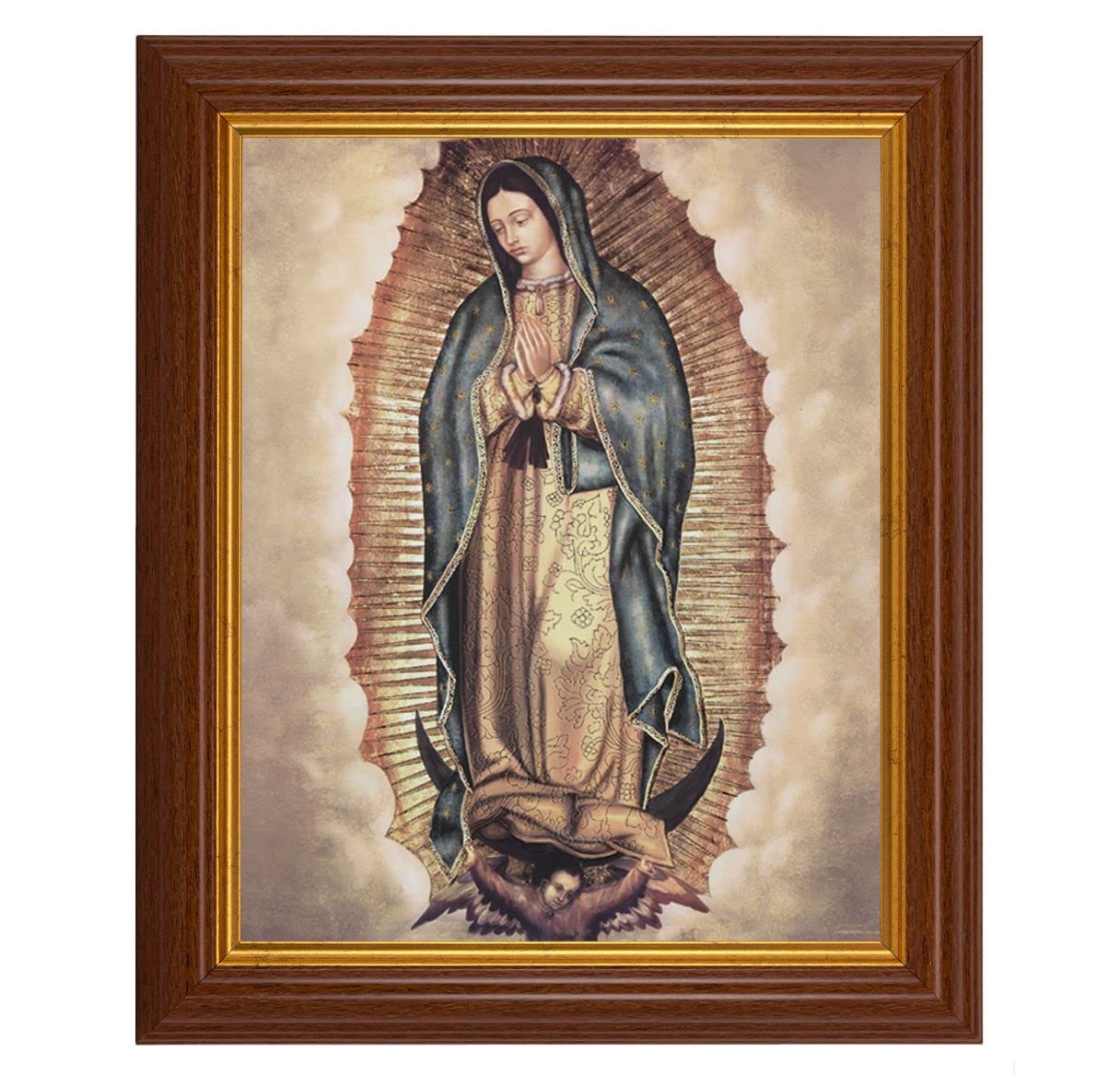 Our Lady of Guadalupe Picture, 10.5"x12.5" Walnut Finished Fluted Frame, Gold Beaded Lip, Italian Print # 27127
