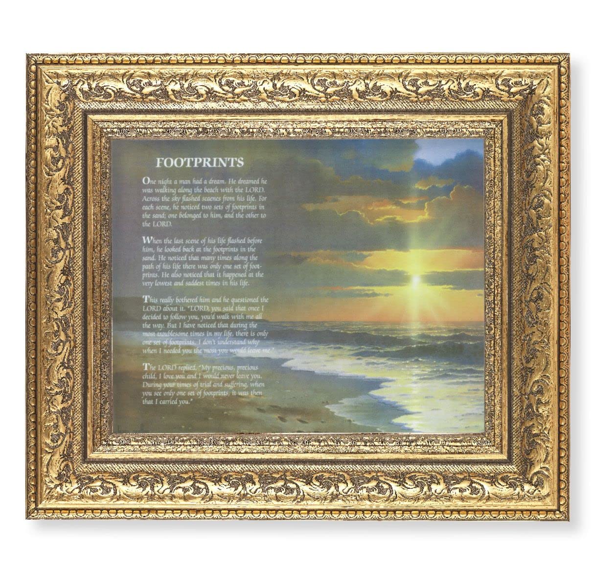 Footprints Picture, 12-1/2"x14-1/2, Antique Gold Leaf Carvings Ornate Frame, Italian Print Under Glass # 25450