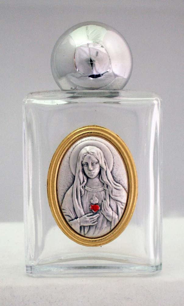Immaculate Heart of Mary Glass 1.5oz Holy Water Bottle, 1-3/4" x 2-1/4", Made in Italy, 4-Count Value Pack, 96187