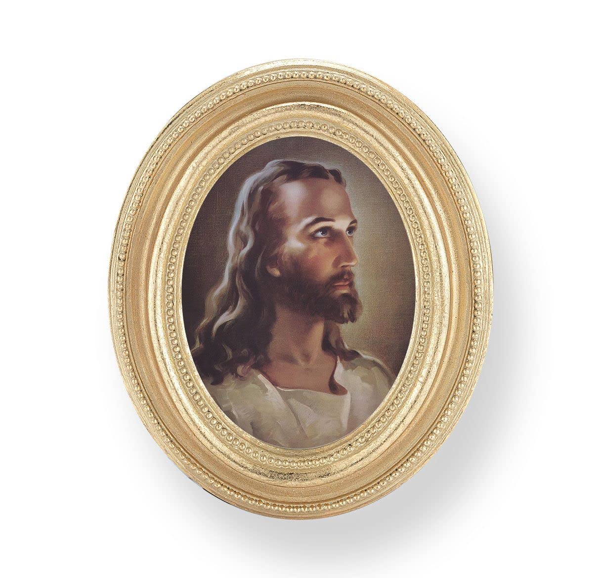 Sallman: Head of Christ Picture, Gold Finish 3-3/4"x4-1/2 Oval Frame, Exclusive Gold Stamped Print Under Glass # 28404