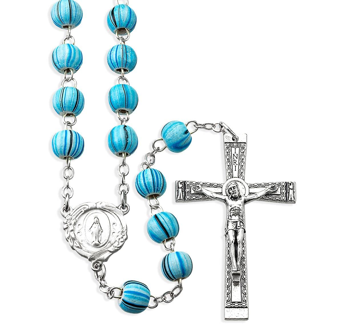 8mm Stripe Painted Wood Rosary, Aqua, # 55536