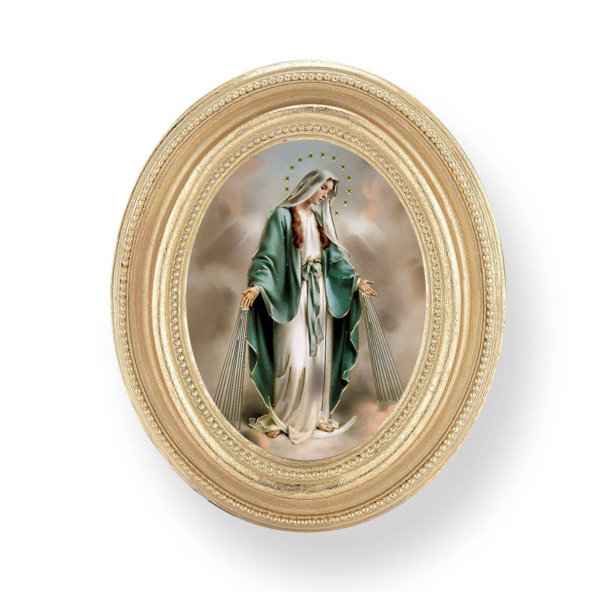 Our Lady of Grace Picture, Gold Finish 3-3/4"x4-1/2 Oval Frame, Exclusive Gold Stamped Print Under Glass # 28408