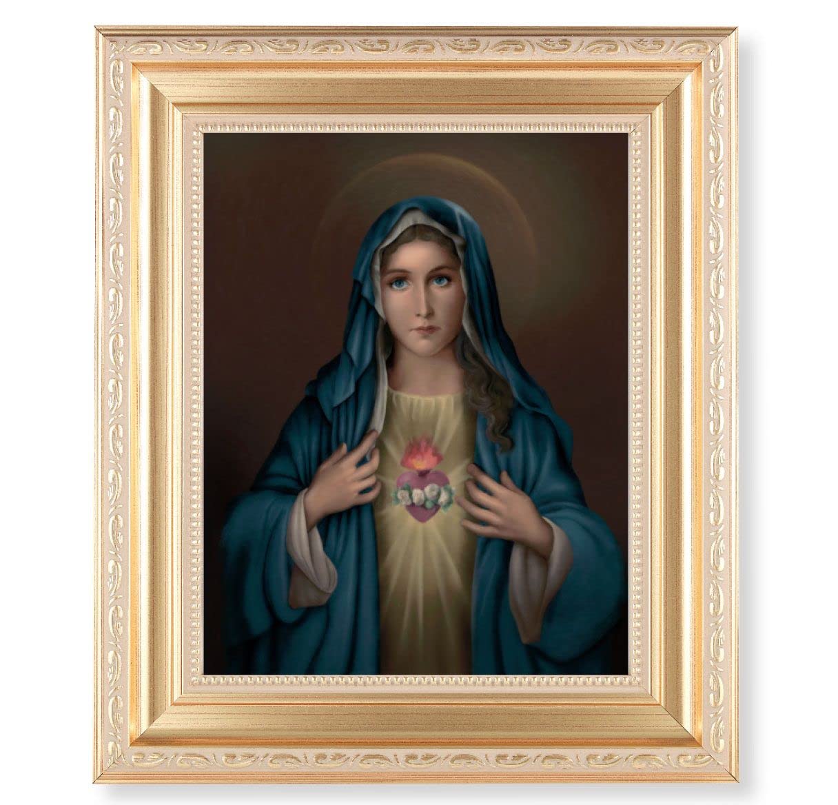 Immaculate Heart of Mary, 11.5"x13.5" Satin Gold Frame, Distressed Finish with Scrollwork, Italian Print Under Glass # 26431