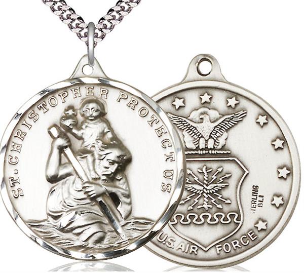 St. Christopher / Air Force Medal, Sterling Silver, 1-1/4" dia., Your Choice of Chain, # 2008