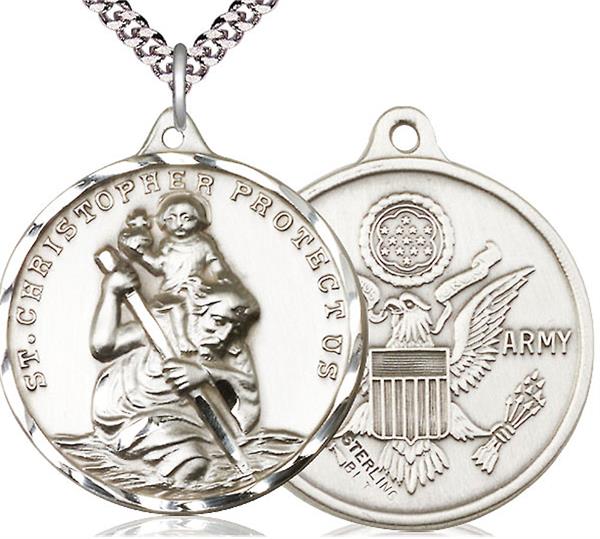 St. Christopher / Army Medal, Sterling Silver, 1-1/4" dia., Your Choice of Chain, # 2009