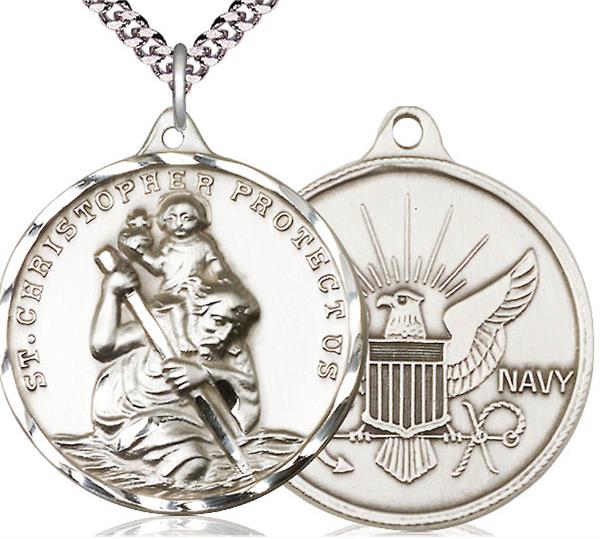St. Christopher / Navy Medal, Sterling Silver, 1-1/4" dia., Your Choice of Chain, # 2012