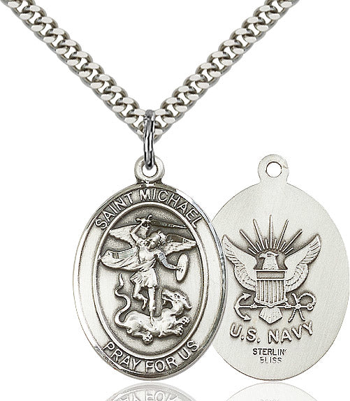 St. Michael / Navy Medal, 3/4" tall, Sterling, Your Choice of Chain, # 66094