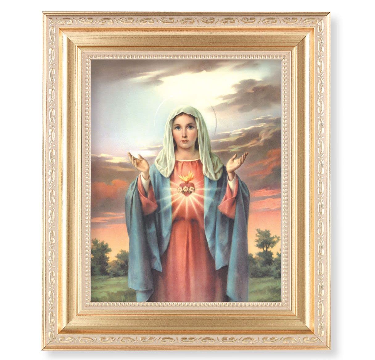 Immaculate Heart of Mary, 11.5"x13.5" Satin Gold Frame, Distressed Finish with Scrollwork, Italian Print Under Glass # 26422