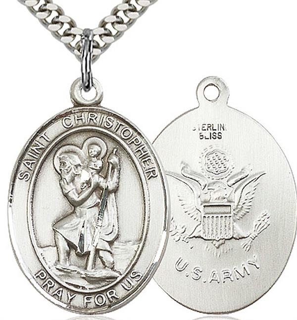 St. Christopher / Army Medal, 3/4" tall, Sterling Silver, Your Choice of Chain, # 2040