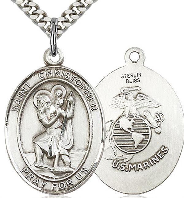St. Christopher / Marine Corps Medal, 3/4" tall, Sterling Silver, Your Choice of Chain, # 2042