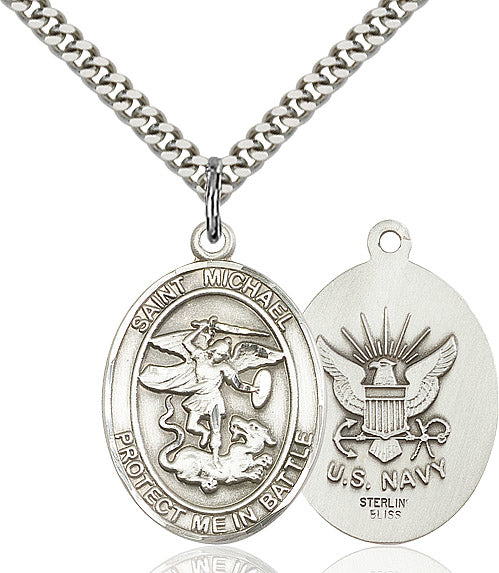 St. Michael / Navy Medal, 1" tall, Sterling Silver, Your Choice of Chain, # 2076