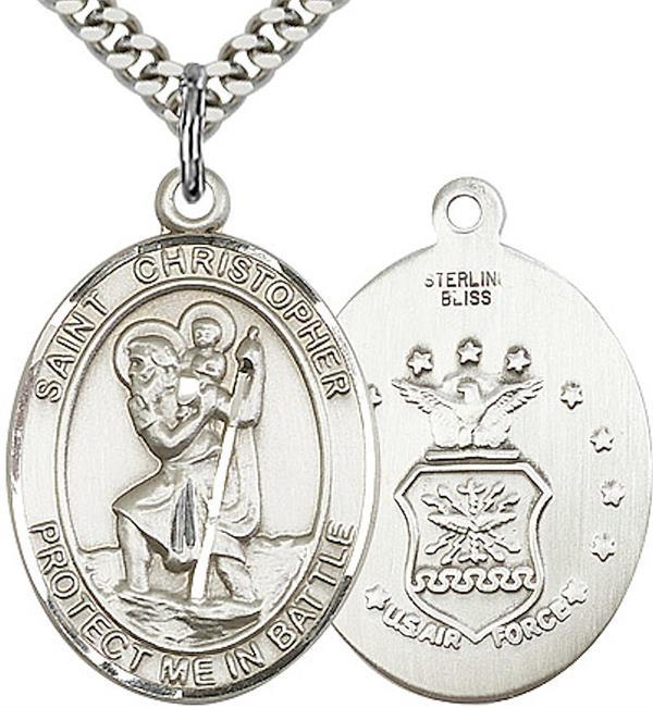 St. Christopher / Air Force Medal, 1" tall, Sterling Silver, Your Choice of Chain, # 2081
