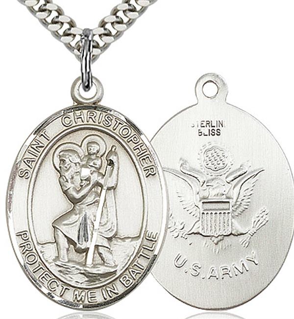 St. Christopher / Army Medal, 3/4" tall, Sterling Silver, Your Choice of Chain, # 2084