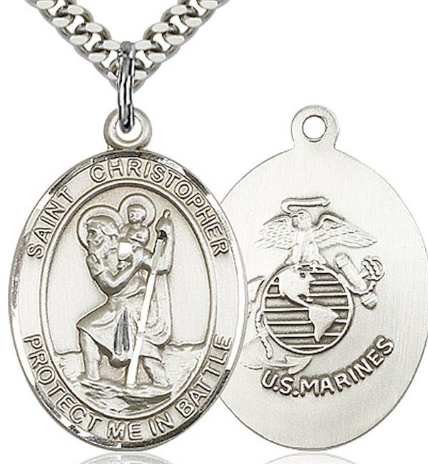 St. Christopher / Marine Corps Medal, 3/4" tall, Fine Pewter, Your Choice of Chain, # 2096