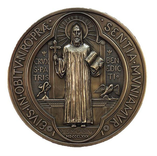 St. Benedict Wall Medal, Cold Cast Bronze, 7" Dia, Veronese Resin, # 21118|