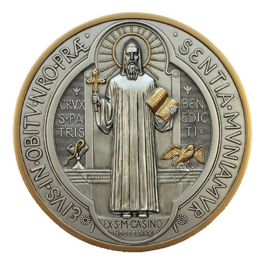 St. Benedict Wall Medal, 7" Dia, Pewter Finished Veronese Resin, # 21119|